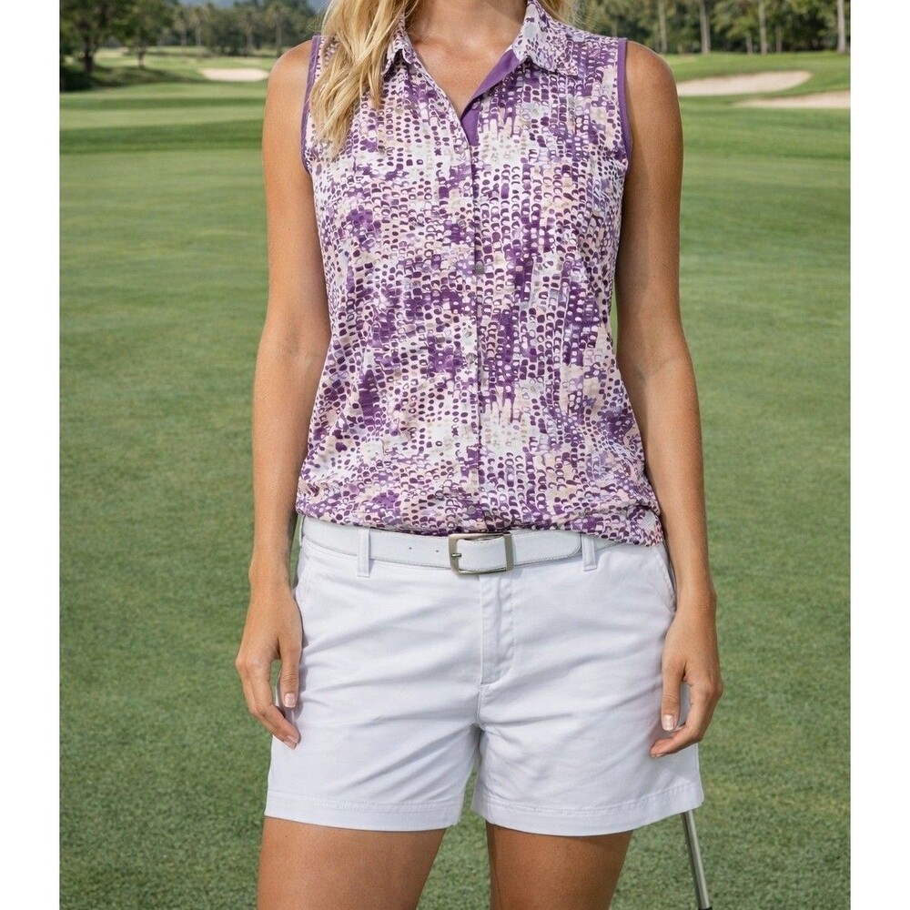 Pebble Beach Women's Sleeveless Golf Polo Top Purple Abstract Collared Shirt